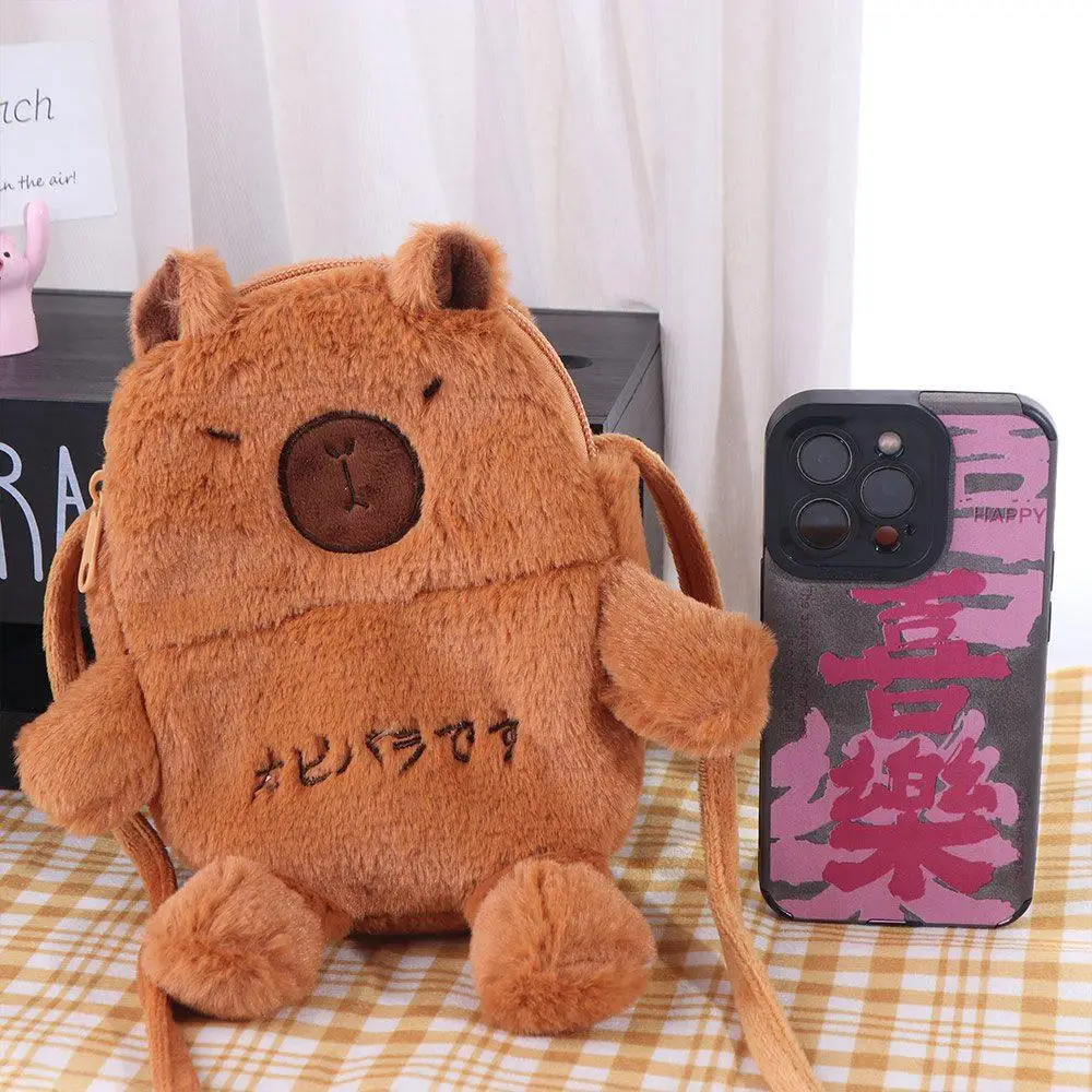 Cosmetics Storage Bag Cartoon Capybara Crossbody Bag Cute Soft Doll Shoulder Bag Purse Fluffy Mobile Phone Pouch Children