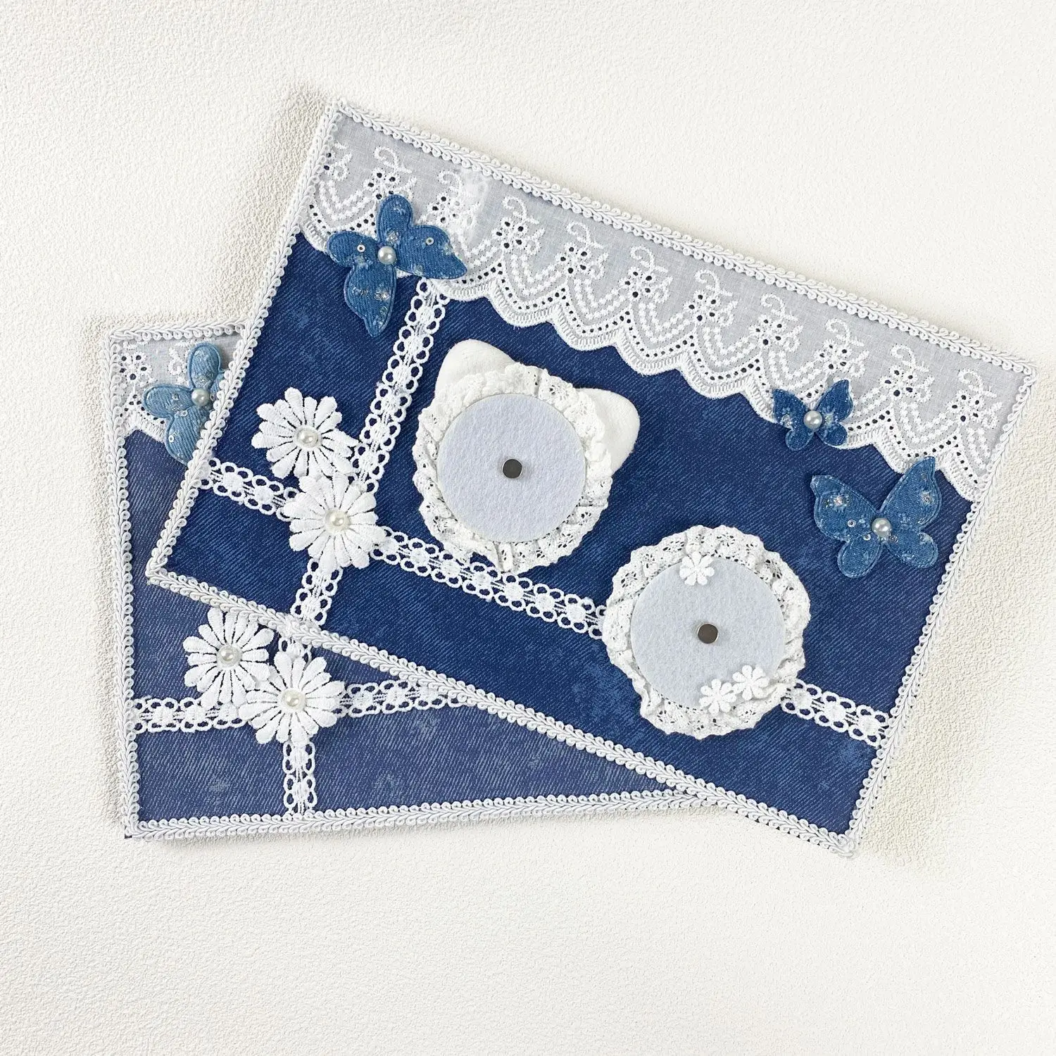 

Denim blue badge Insert Board cute Butterfly Organizer Board hand made Lace Ribbon Cosplay Badge Display Board