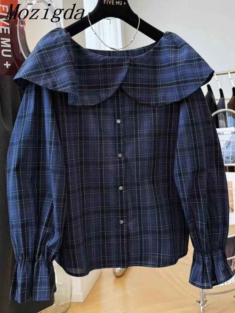 

Осенняя клетчатая рубашка с пышными рукавами, блузка, женская корейская модная женская рубашка с рюшами на шее, женские топы, Blusas Mujer De Moda