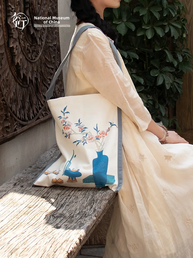 Large Capacity Canvas Shoulder Bag Simple Artistic Museum Supplies for Girls Chinese Style Cultural Creative Bag/Pouch
