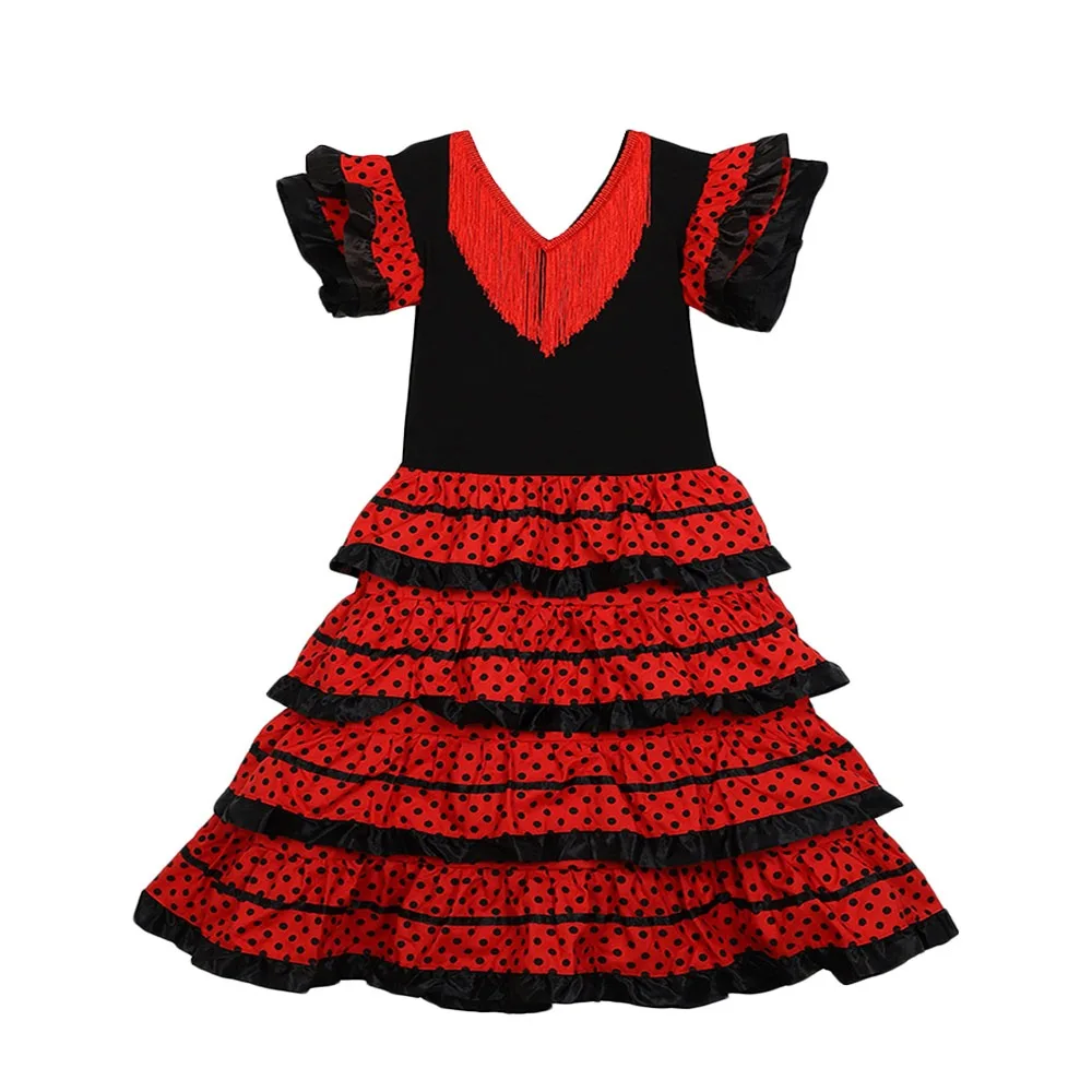 

Fashion Tassel Spanish Dance Dress Short Sleeve Dot Design Children Skirt Traditional Classic Traditional Spanish Dress Carnival