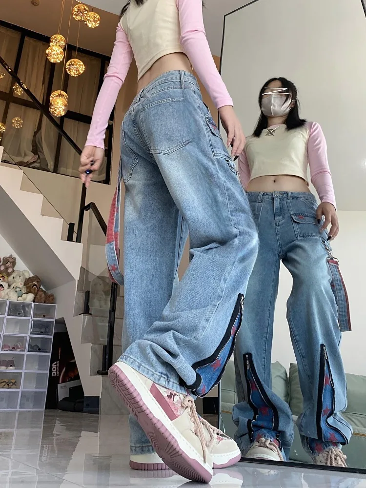 Trendige Weite Hosen für Damen mit Sternenmuster und Farbblockierung im Losen Drapierschnitt für Modische Outfits