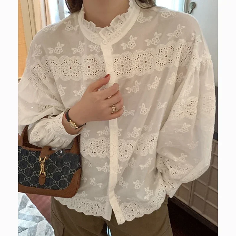 Vintage Embroidered Puff Sleeve Lace White Shirt Women Fashion Slim Cotton Blouse Woman Casual Floral Elegant Female Tops 30131