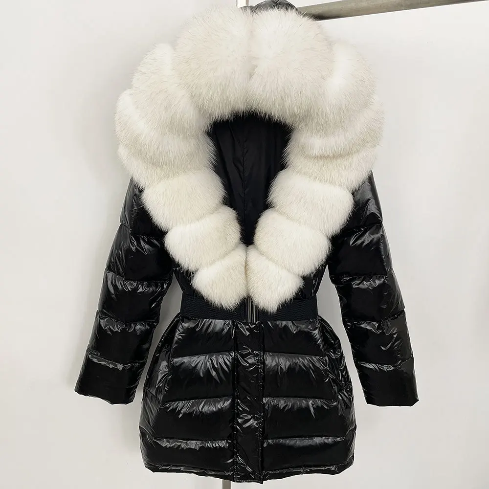 Chaqueta de invierno para mujer, abrigo con cuello de piel de zorro de alta calidad, chaquetas de plumón de pato blanco 90, plumón cálido con superficie brillante, novedad de 2024