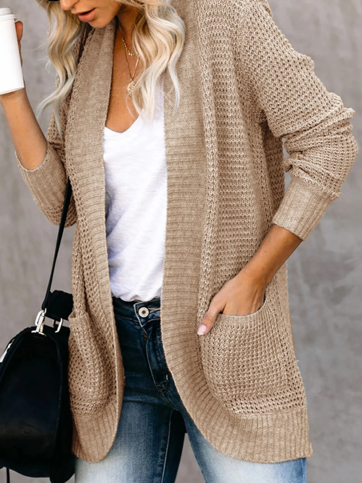 Solid Open Front Cardigan Women Long Sleeve Pockets Lightweight Soft Knitted Sweaters Coat Casual Loose Fitting Outerwears Tops