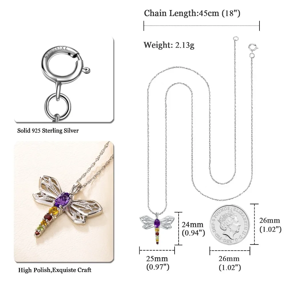 GZ ZONGFA Natural Amethyst 925 Sterling Silver Dragonfly Pendant Necklace Colorful Gems Citrine Insect Neck Chain for Women