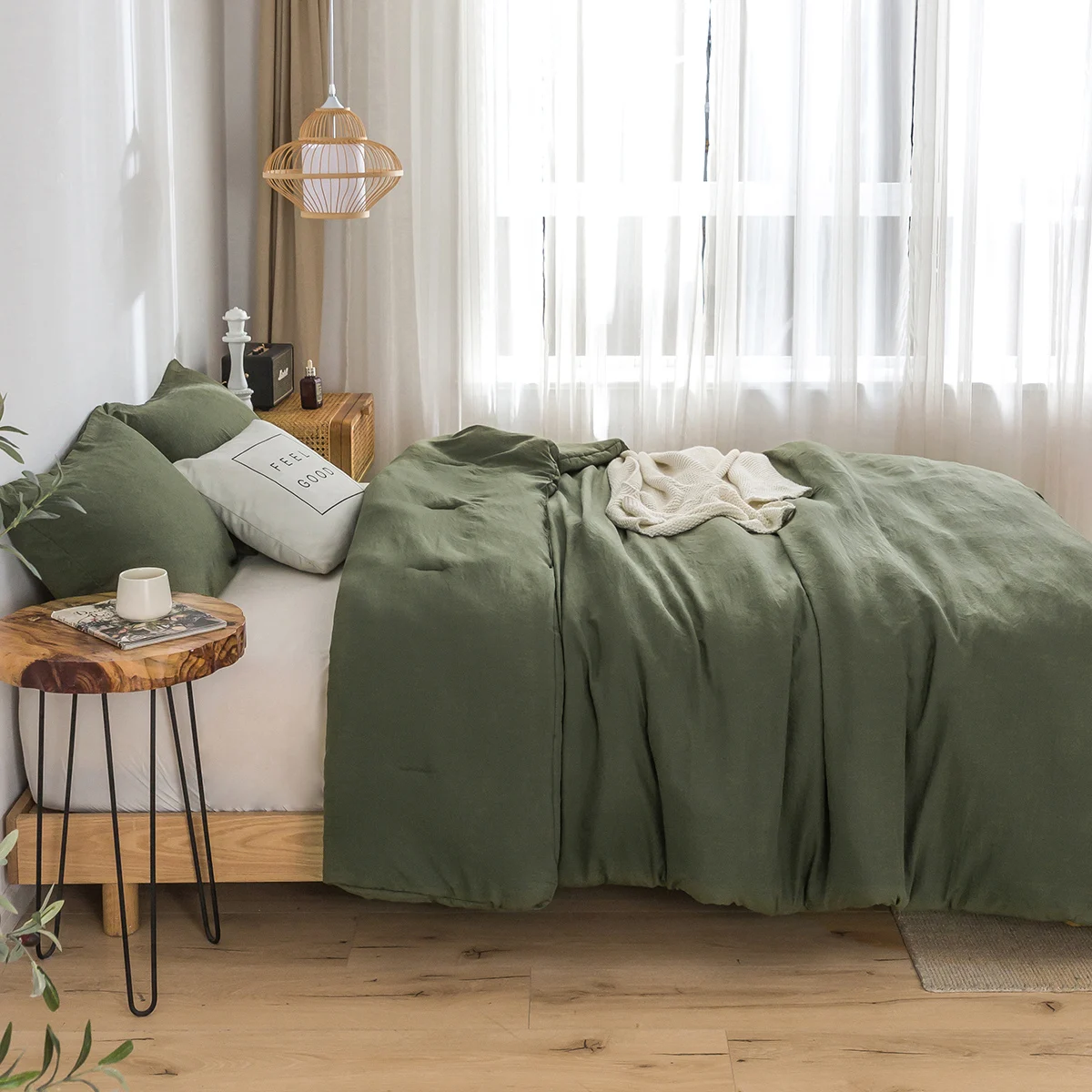 

Dark Olive Green Comforter Solid Bed Quilt Queen/Full Set Soft Lightweight Wash Cotton Quilt with Pillowcase