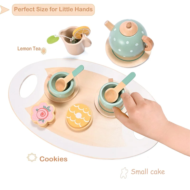 어린 소녀들을 위한 나무 차 세트, 소꿉놀이 주방 액세서리, 소녀와 소년을 위한 공주님 티타임 파티 음식 장난감