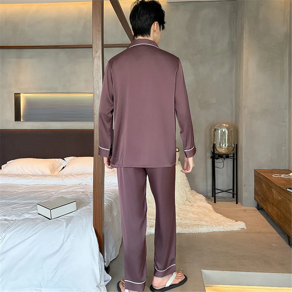 Spring Autumn Men's Long Sleeve Solid Color Satin Sleepwear Thin Ice Silk Home Clothes Set Pajamas Home Comfortabl