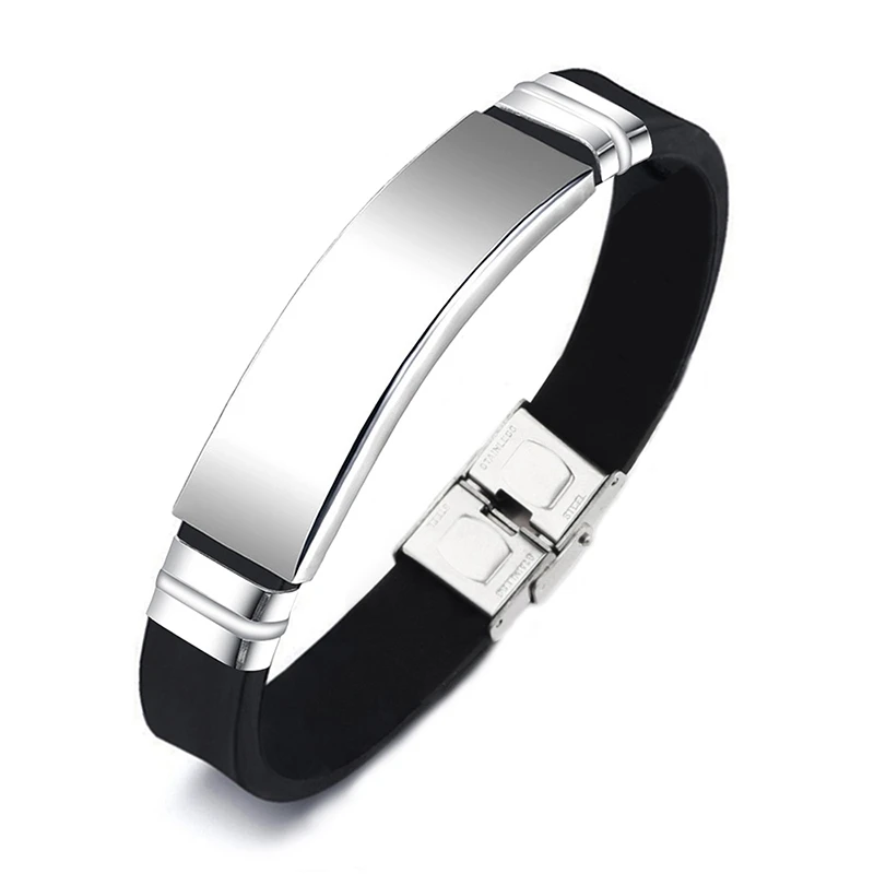 Fashion Men Blank Stainless Steel Bracelet Sport Black Silicone Adjustable Bracelets Bangles For Women Minimalist Jewelry Gifts
