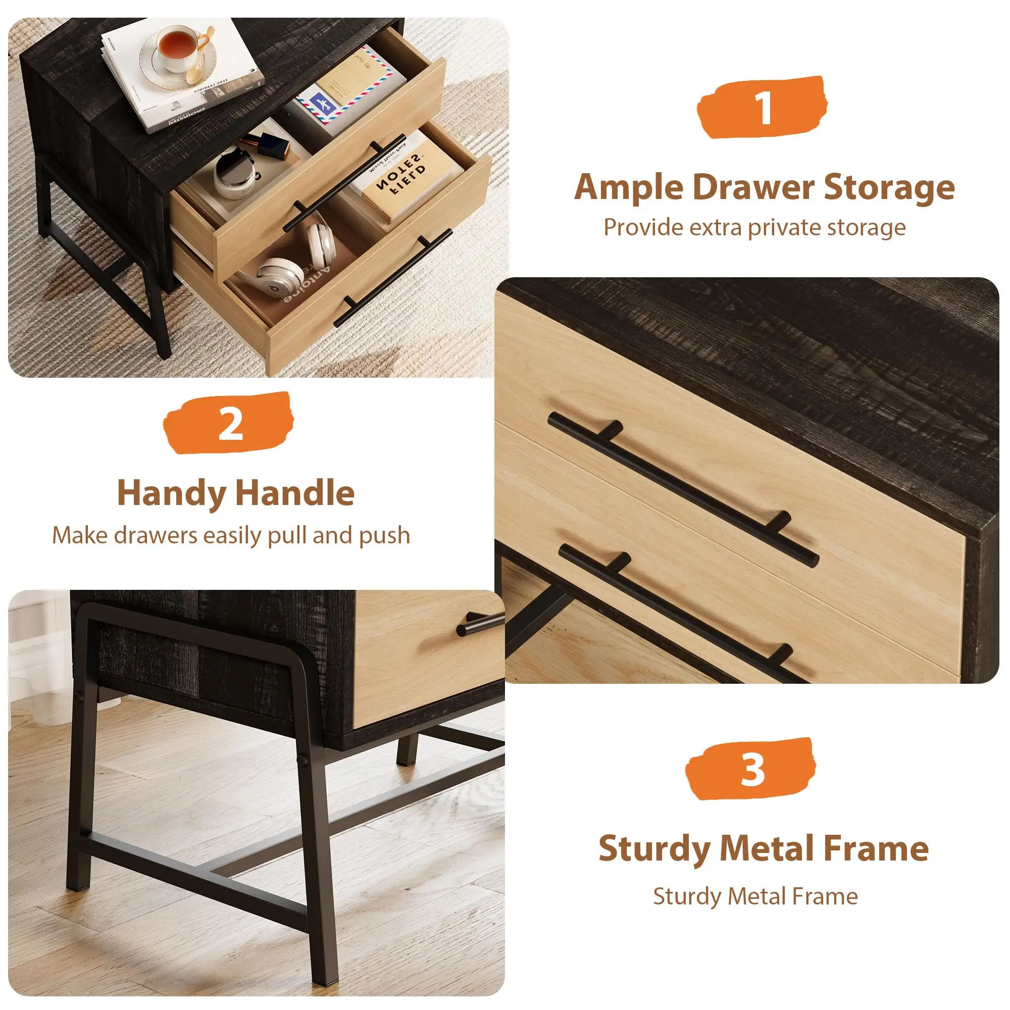 Wood Bedside Table with Metal Legs, 2 Drawer Sofa Side Table, Rustic Storage Cabinet, 2 Drawer for Bedroom, Living Room