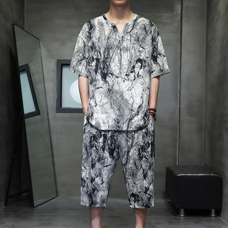 Chinese Retro Ice Silk 2 Piece Set Short Sleeved Sets Men Summer Breathable T-shirts+Capri Pants Suit Social Casual Streetwear