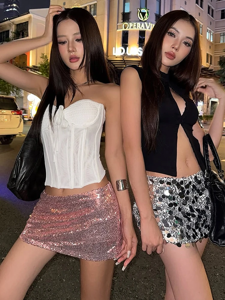 Zestaw 2-częściowy Whatiwear Fashion dla kobiet, seksowny, z siateczki, marszczony, z bandażami, patchworkowy, bez rękawów, top + cekinowa spódnica o kroju brzoskwini, słodki i seksowny komplet.