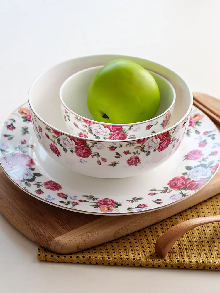 

Longmei Ge Bone China Patterned Dinnerware 5 Inch Rice Bowl Porrie Bowl 7 Inch Noodle Soup Bowl Straight Mouth Small Bowl