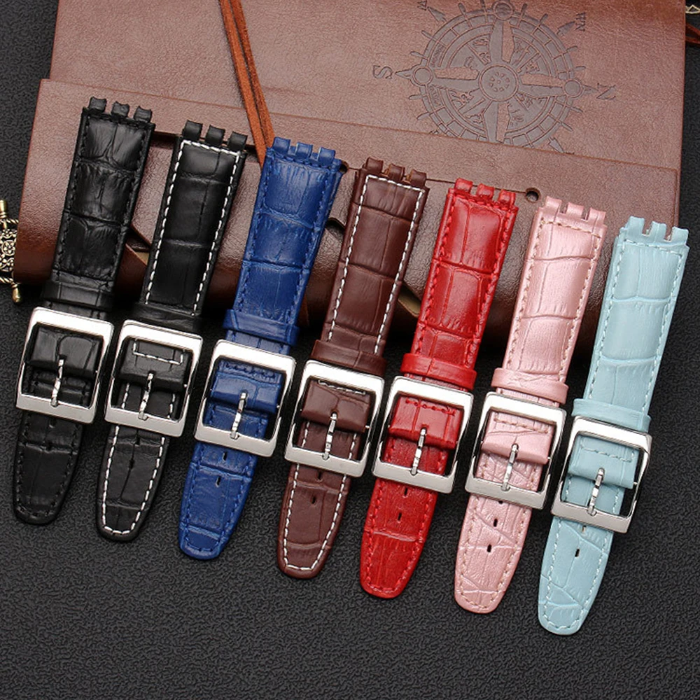 17mm 19mm Genuine Calf Leather Wrist Strap For Swatch Watch Band Men Women Alligator Pattern Bracelet Watchband Accessories