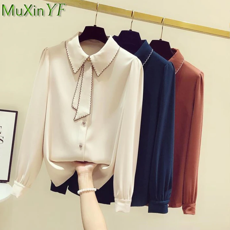 

Women Graceful Tie Long Sleeve Shirts Autumn Winter Korean Lady Fashion Solid Blouse 2022 New Bottoming Tops Female