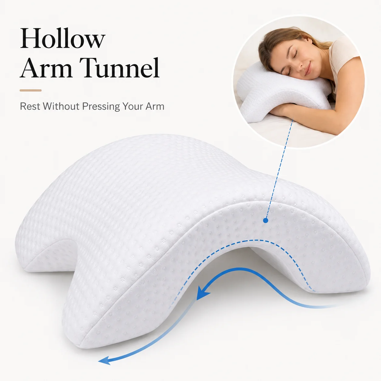 Compact Memory Foam Arm Tunnel Pillow for Side Sleepers, Ergonomic Hollow Cuddle Pillow for Neck Support, Bed and Office Naps