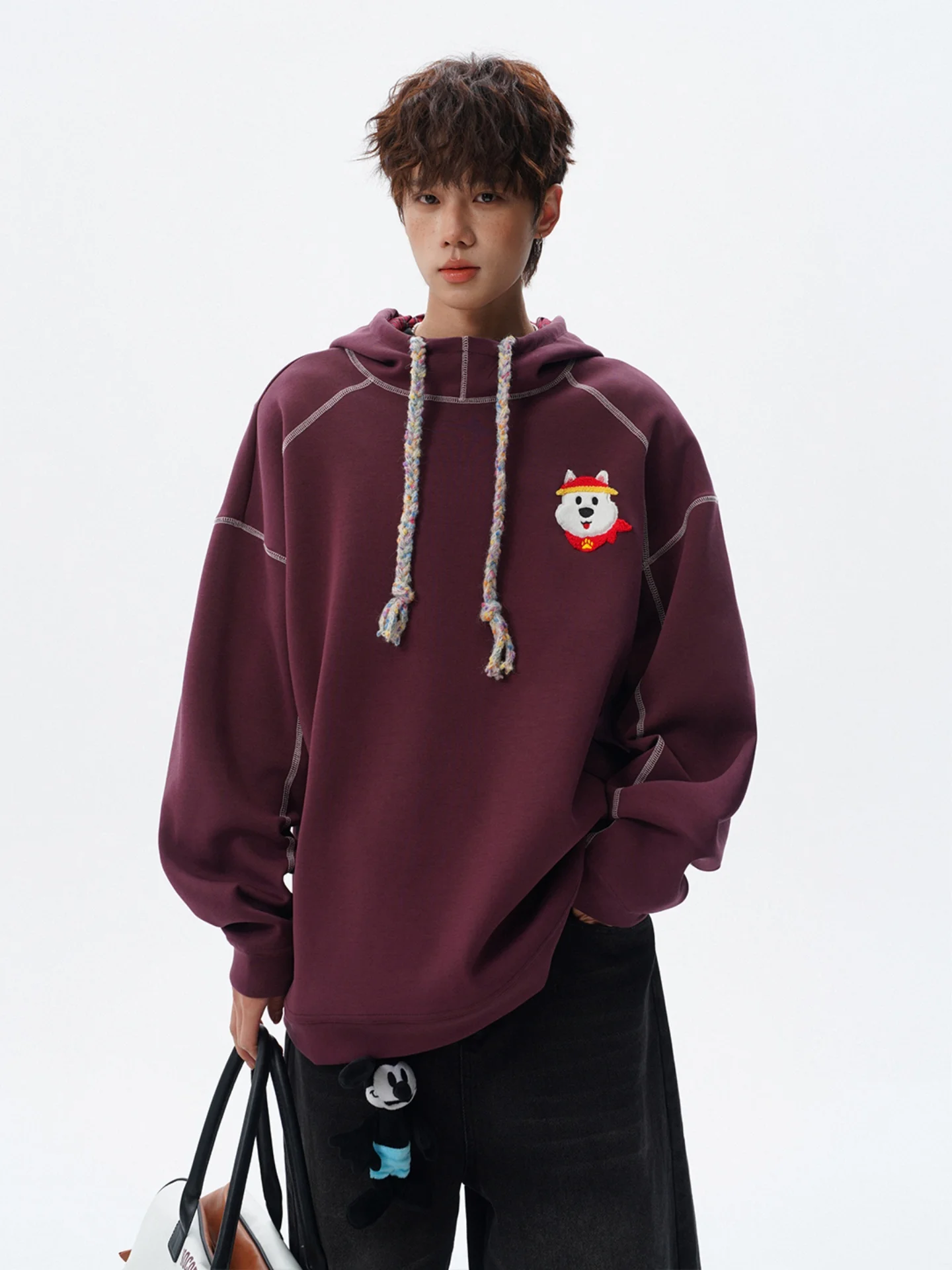 

Красная толстовка с капюшоном цвета винного красного вина для мужчин и молодежи, с вышивкой и пэчворком, в стиле Luy Year, высококачественная, повседневная, уличная мода, весенняя коллекция