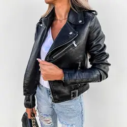 PU Leather Women Jacket Short Zipper Motorcycle Jacket Windproof Faux Leather Turn-down Collar Biker Coat Fashion Moto Jacket