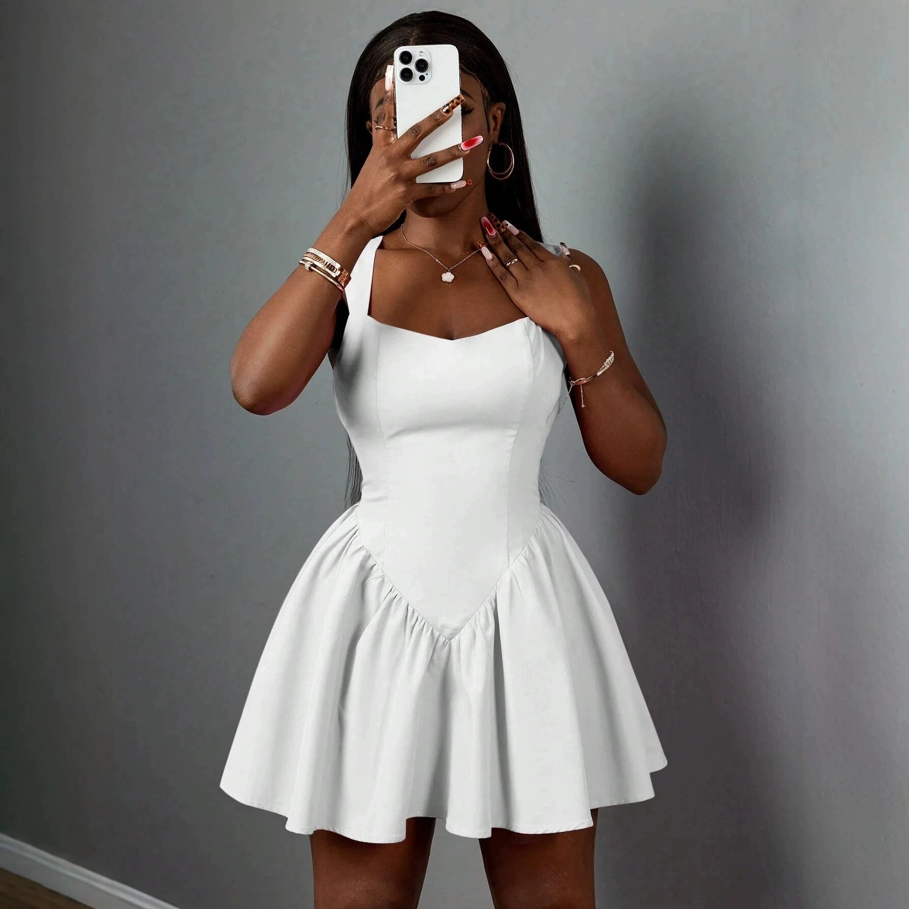 Fashion Square Collar Waist Cinched Slimming Puffy Dress Simple Style H Version Sleeveless Straight Tube Dress for Middle-Age...