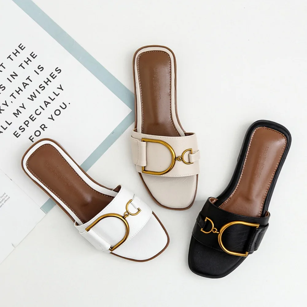 Women's Flat Slippers Summer Leather Square Toe Women Flats Flip Flops Designer Ladies Slides Sandals Women Shoes Luxury Sandals image 4