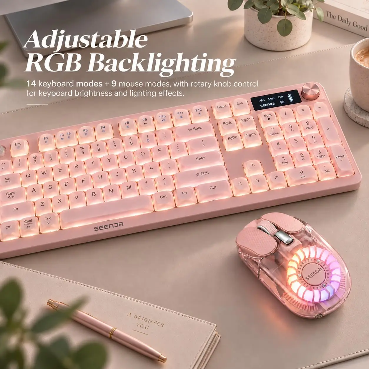 seenda Wireless Keyboard Mouse Combo,2.4G USB Bluetooth Keyboard Mouse Rechargeable RGB Backlit for Notebook Desktop Computer