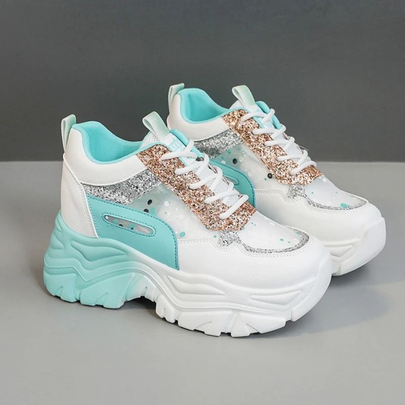 

High Quality Women's Platform Shoes Summer Mesh Breathable Casual Shoe 2025 Fashion Sexy Sequin Lace-Up Sneakers Designer Brands