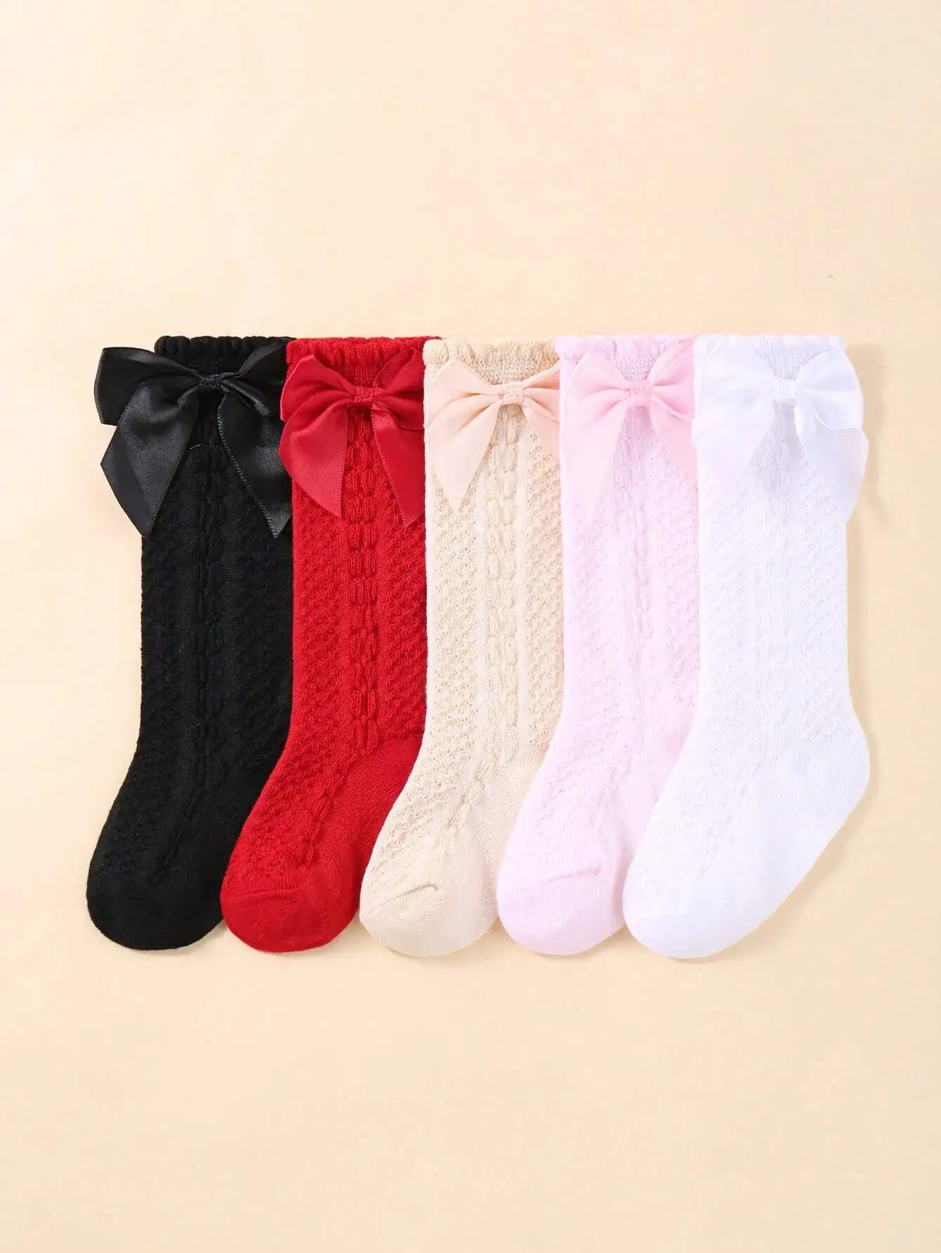 

5 пар носков до колена для маленьких девочек с бантом, вязаный узор, для повседневной носки весной и осенью