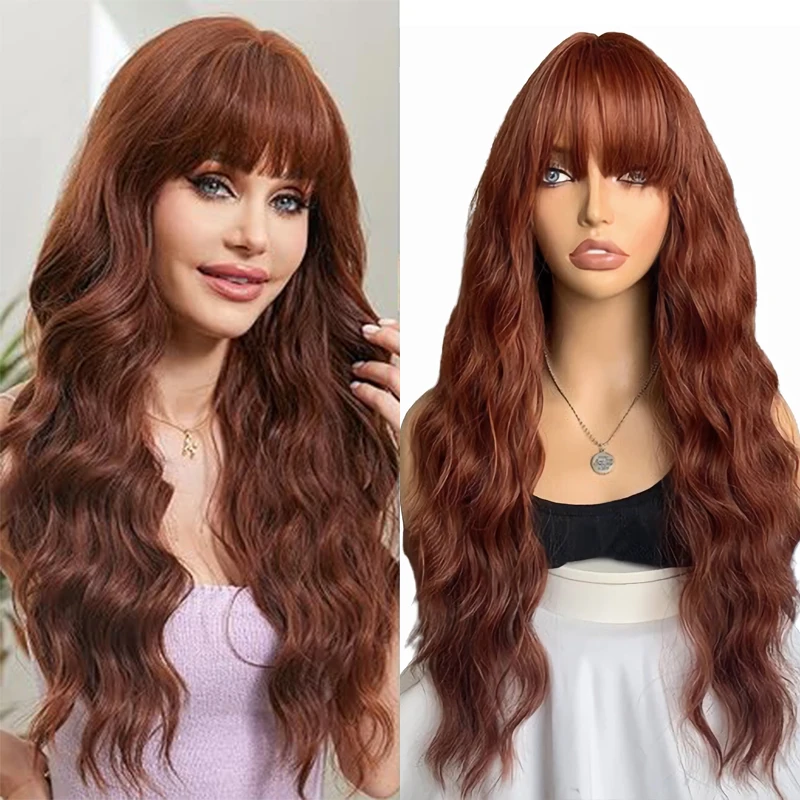 Long Curly Hair Women Wig With Bangs Daily Red Brown Lolita Cosplay Heat Resistant Fiber Party Fake Hair Fashion Thick Curl Wigs