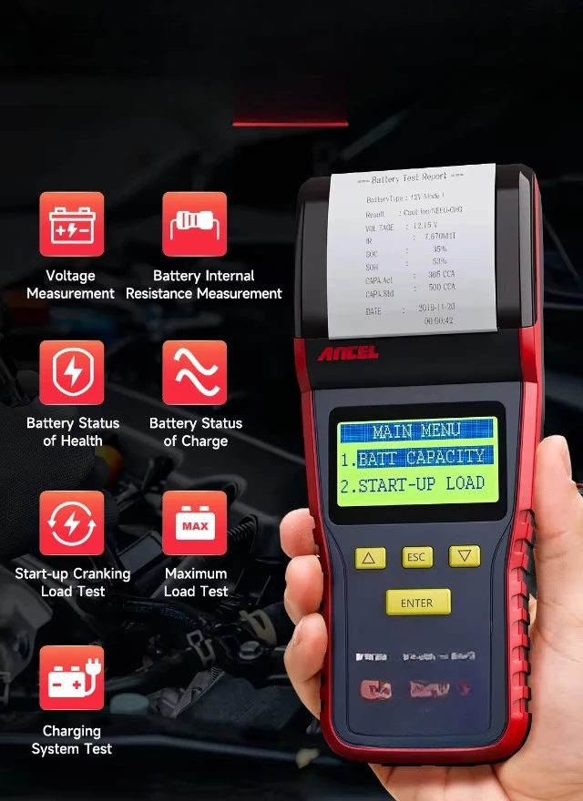 ANCEL BST500 12V 24v Automotive Battery Tester with Printer Crank Charge  Truck Battery Diagnostic Tool Multilingual