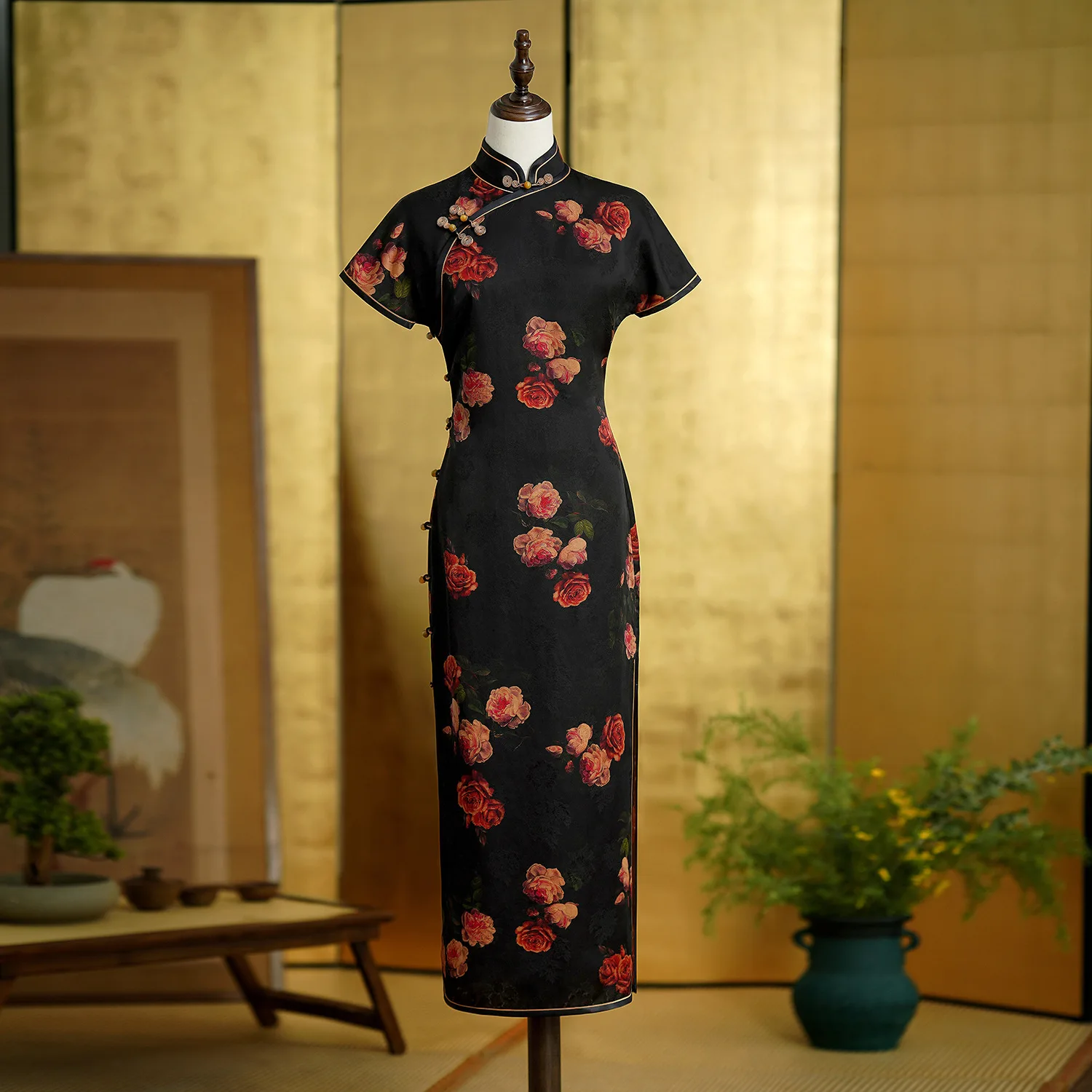 Heavy High Quality Real Silk Vintage Cheongsam Qipao Women's Dress Pink Peony Daily Gambiered Guangdong