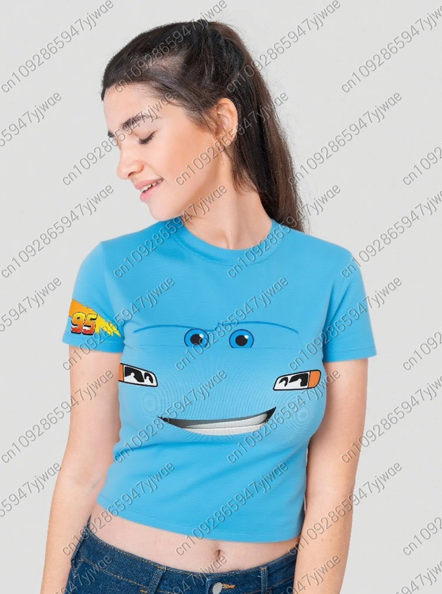 女性アメリカンライトニングマックィーンセクシーなブラウス tシャツクロップドショート Tシャツ女性ラウンドネックカジュアルショートトップス Tシャツ