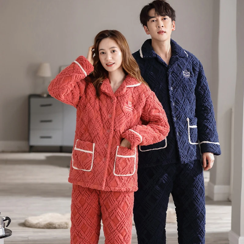 

Newest Couple Coral Velvet Quilted Pajama Sets Thick 3 Layers Clip Cotton Pyjamas Winter Women Men Long Sleeve Home Wear