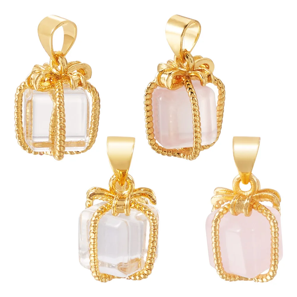 4Pcs Natural Rose Quartz Pendant Golden Plated Brass Quartz Crystal Gift Box Copper Buckle Pendant DIY Gifts Accessories Crafts