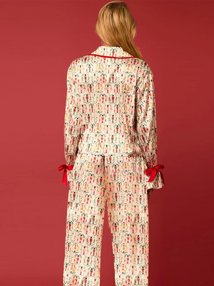 Casual Y2K Pink Bow Pajama Sets for Women 2 Piece Long Cute Long Sleeve Matching Lounge Shirts Sets 90S Santa Claus Pajamas