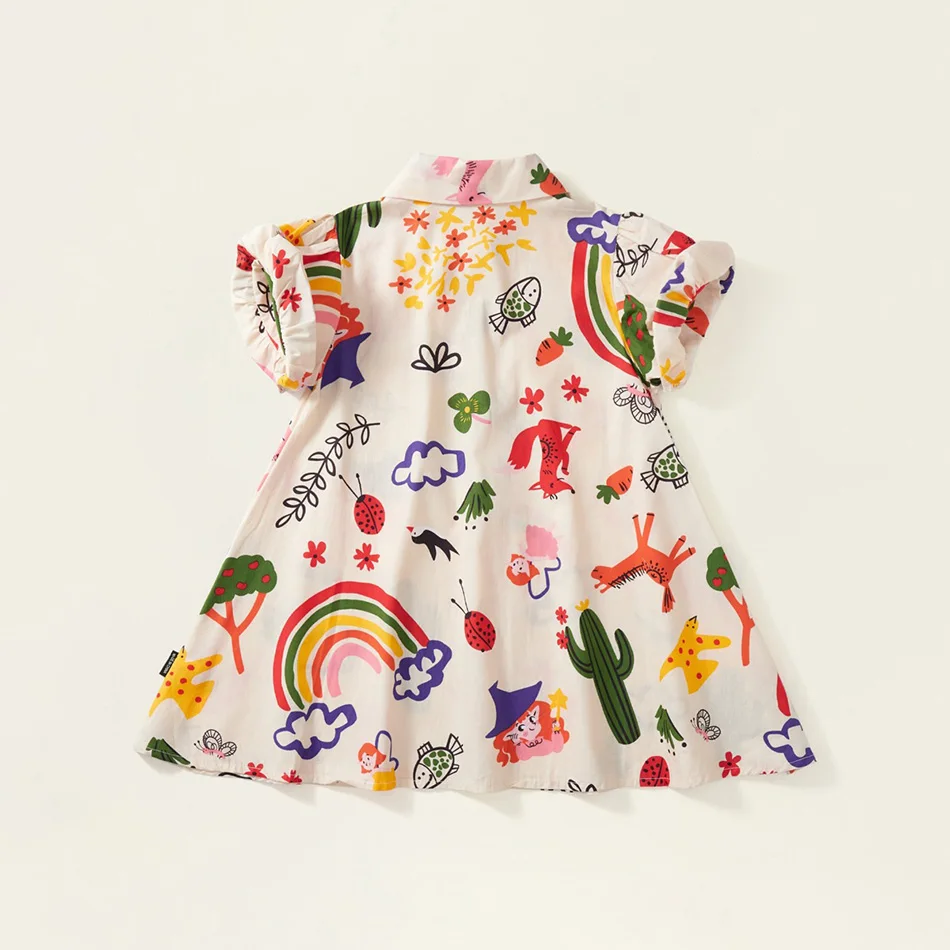 2024 Kids Doodles T Shirt Dress Children Summer Dress Girls Lapel School Skirt Baby Fox Casual Costume Rainbow 2-8 Years Clothes