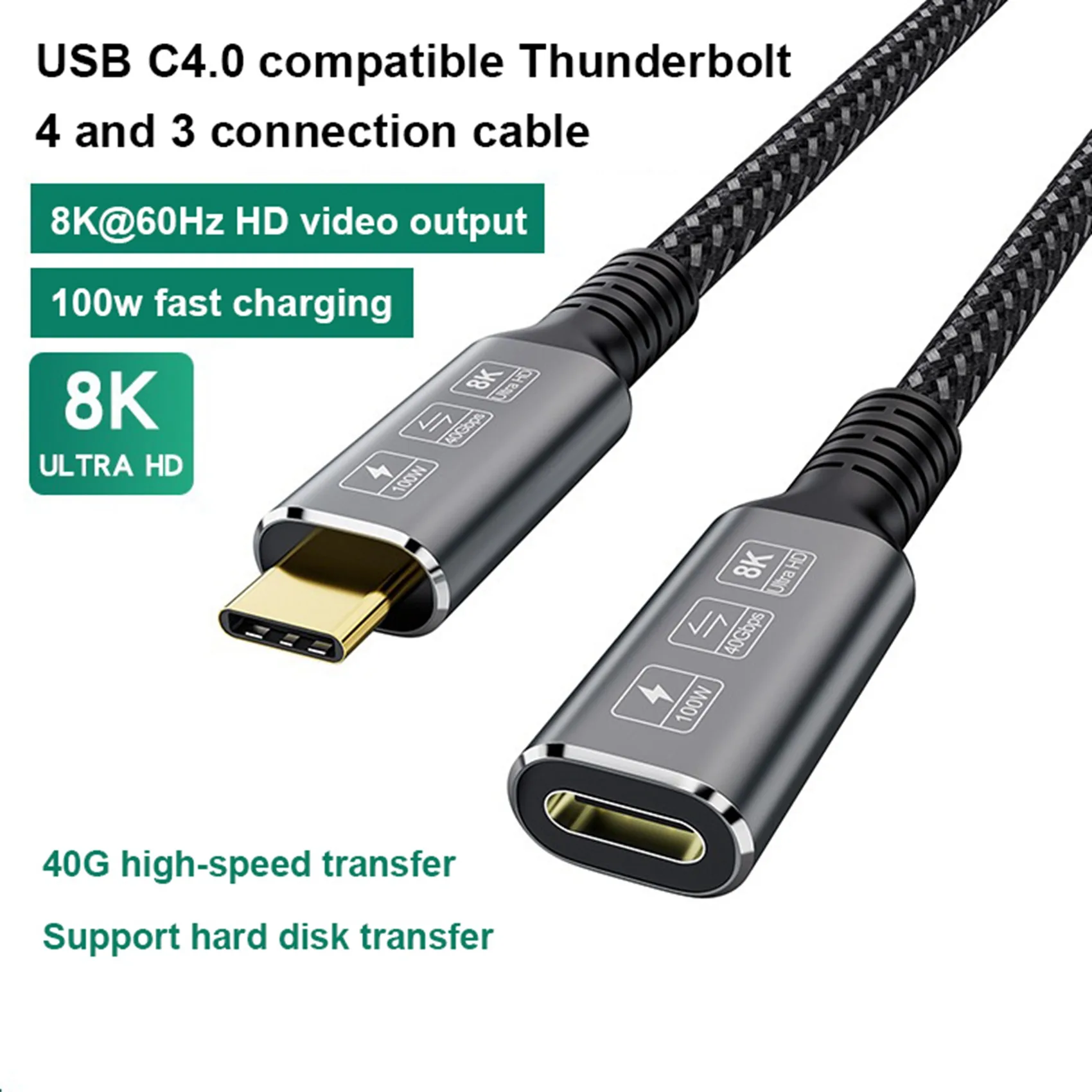 Cabo de extensão macho para fêmea USB 4.0, Cabo de transferência de dados 40G de alta velocidade 100W