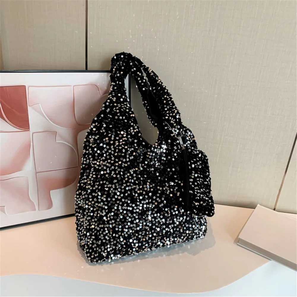 Luxury Designer Tote Bag For Women Glitter Sequin Shoulder Bag Female Hobo Bags Underarm Bag For Work Travel Ladies Handbags