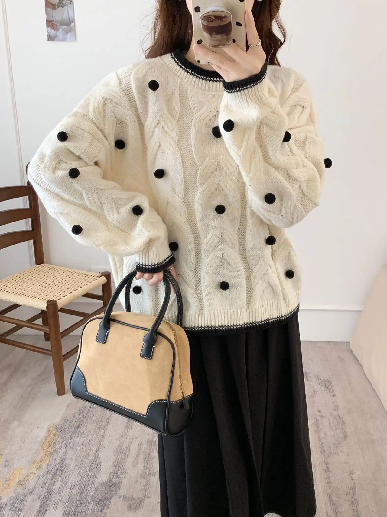 

Корейский мягкий уютный повседневный вязаный свитер, круглый свободный ленивый дизайн, 3D шар, украшение, теплый зимний женский топ