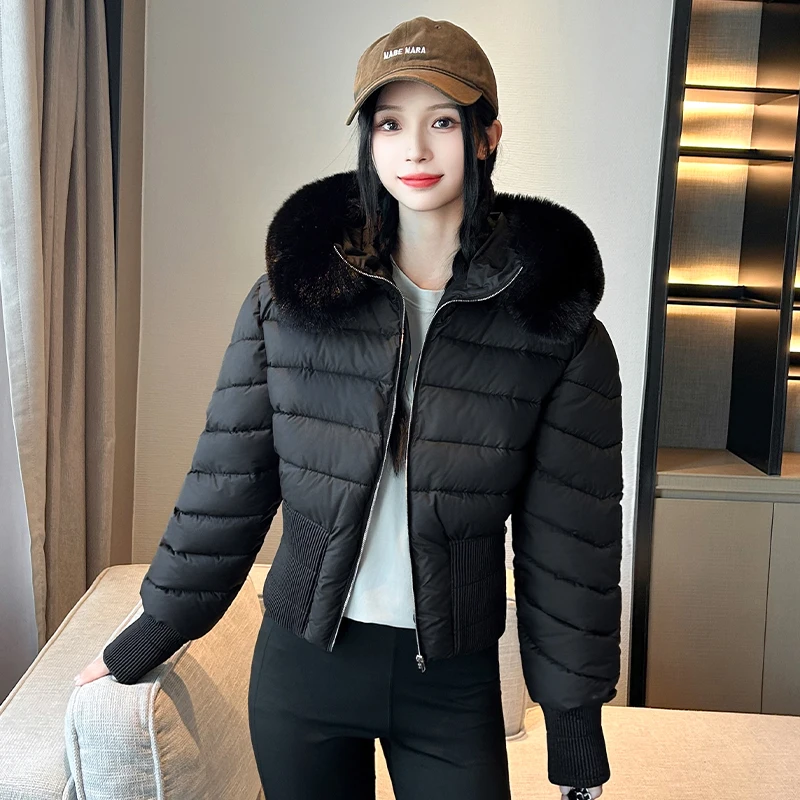 

Big Fur Collar Hooded Short Cotton Jacket Women's Autumn Winter New Thick Warm Quilted Clothes Black Waist Cinched Padded Coats