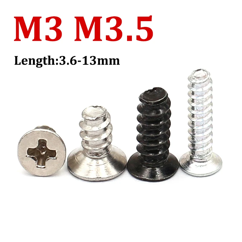

100pcs cross Countersunk self tapping Flat Tail screw M3 M3.5 non-standard Screw Nickel Plated / Black Zinc