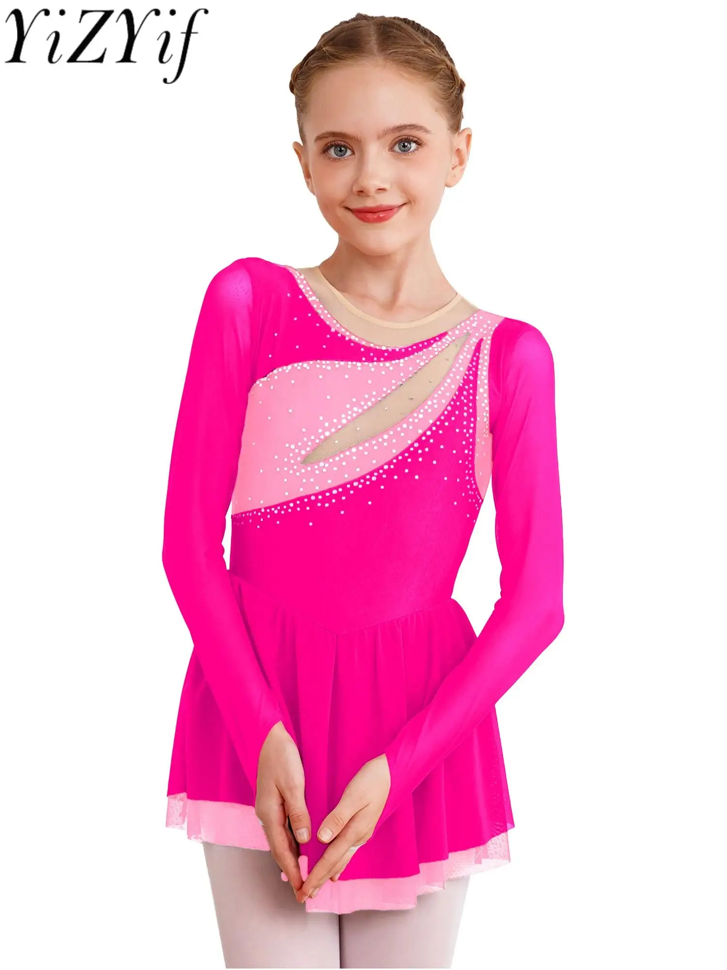 Girls Ballet Lyrical Dance Dress Rhythmic Gymnastics Leotard Mesh Tutu Dresses Long Sleeve Figure Ice Skating Dancewear