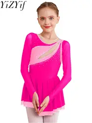 Girls Ballet Lyrical Dance Dress Rhythmic Gymnastics Leotard Mesh Tutu Dresses Long Sleeve Figure Ice Skating Dancewear