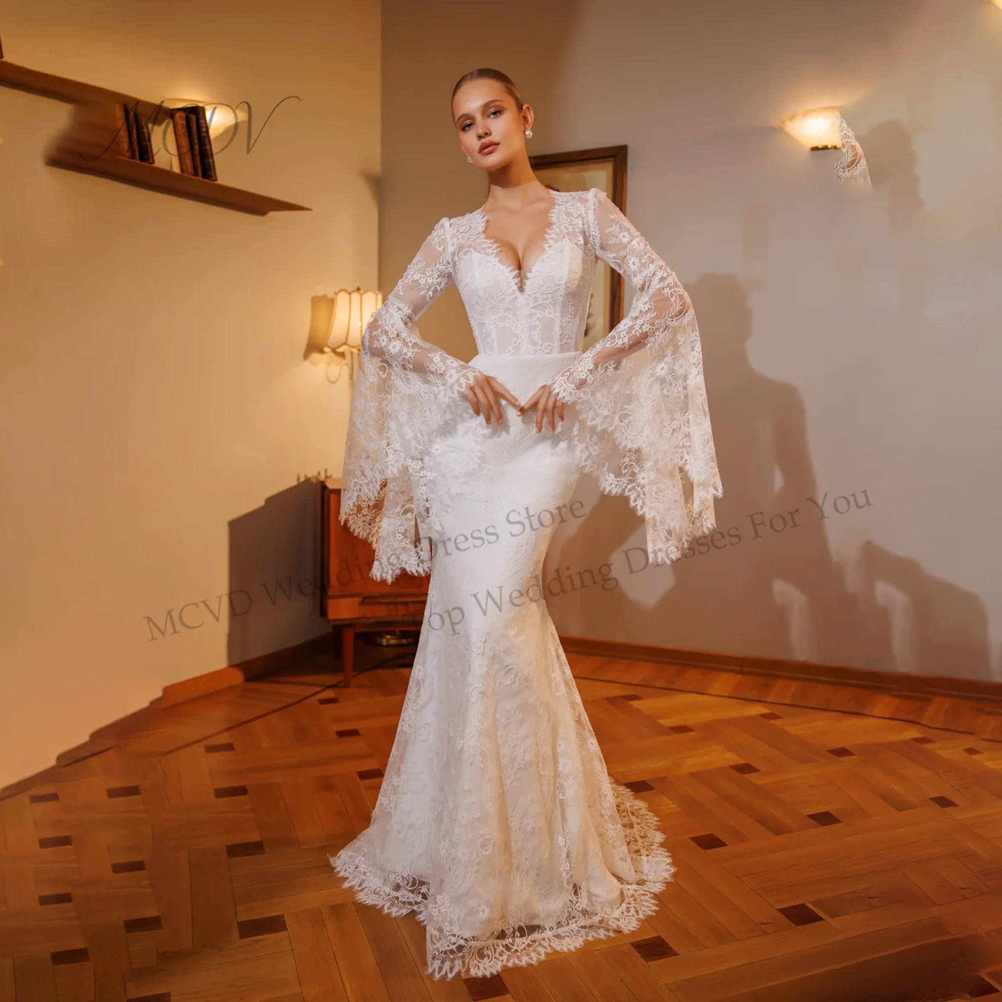 Ivory Lace Bridal Dress Deep V Neck Flared Long Sleeves Mermaid Wedding Gown With Lace Train свадебное платье бохо Customized