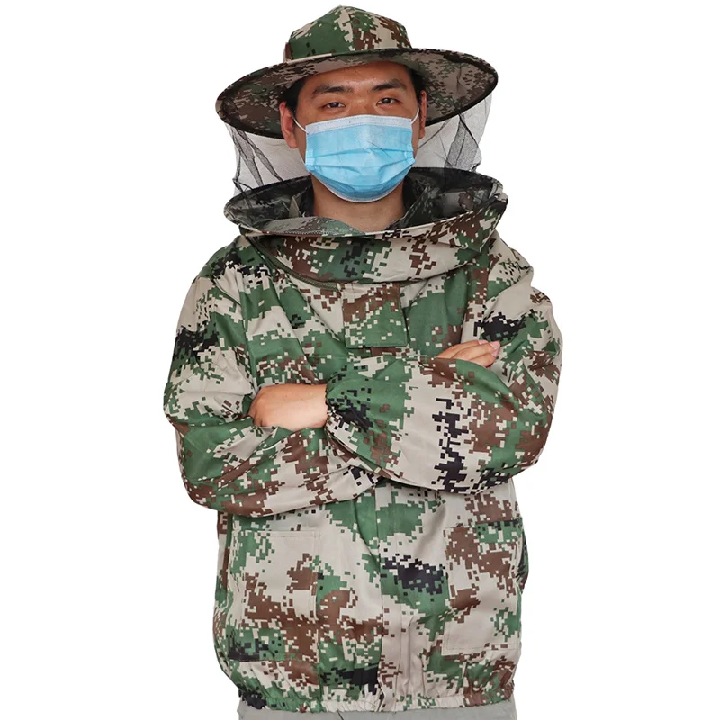 1 Pcs Beekeeper Camo Clothing Protective Smock Suit Jacket Practical Beekeeping Anti-Bee Hooded Veil Breathable Equip Suit