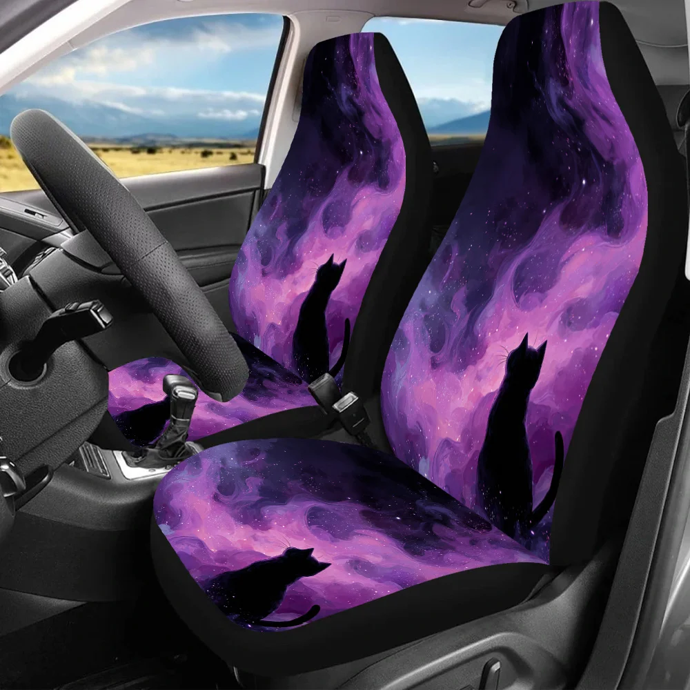 

2pcs-Starry Cat Gazing, Print Car Seat Covers For Everyone, Car Accessories For Women, Universal Auto Front Seats Protector Fits