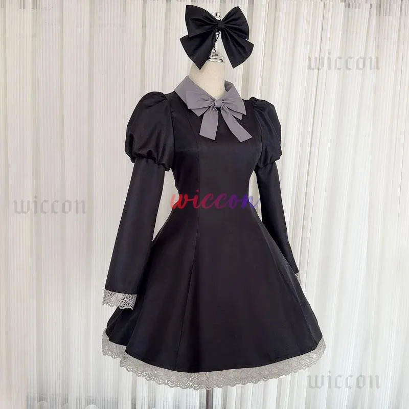 

asdh8@Panty & stocking With Garterbelt Anarchy Cosplay Costume Black Dress Uniform Long Wig Bow Tie Hairpin Striped Sto