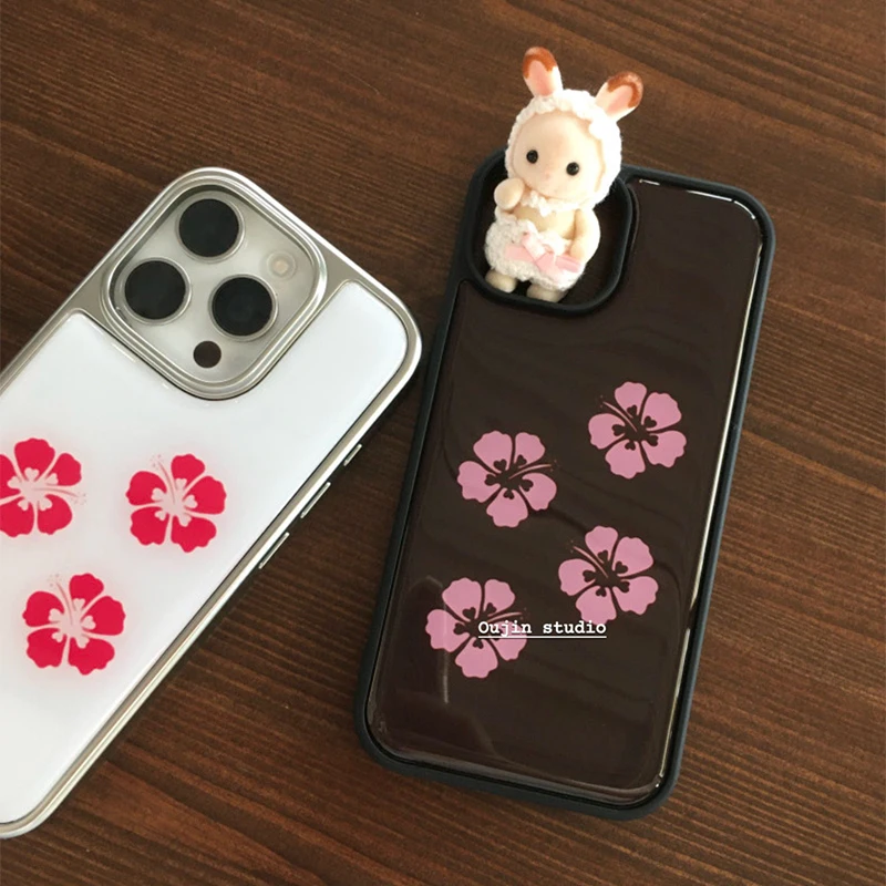Korean Ins Four Hibiscus Flowers Electroplated Drip Glue Phone Case For iPhone 17 Air 16 Pro Max 15 14 Plus 13 12 11 Back Cover