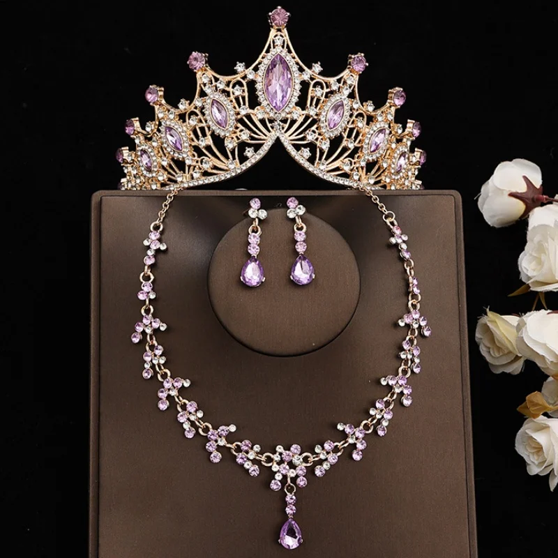 DIEZI Elegant Pink Crystal Tiara Crown For Women Wedding Girls Party Crown Necklace Earrings Jewelry Sets Hair Dress Accessories