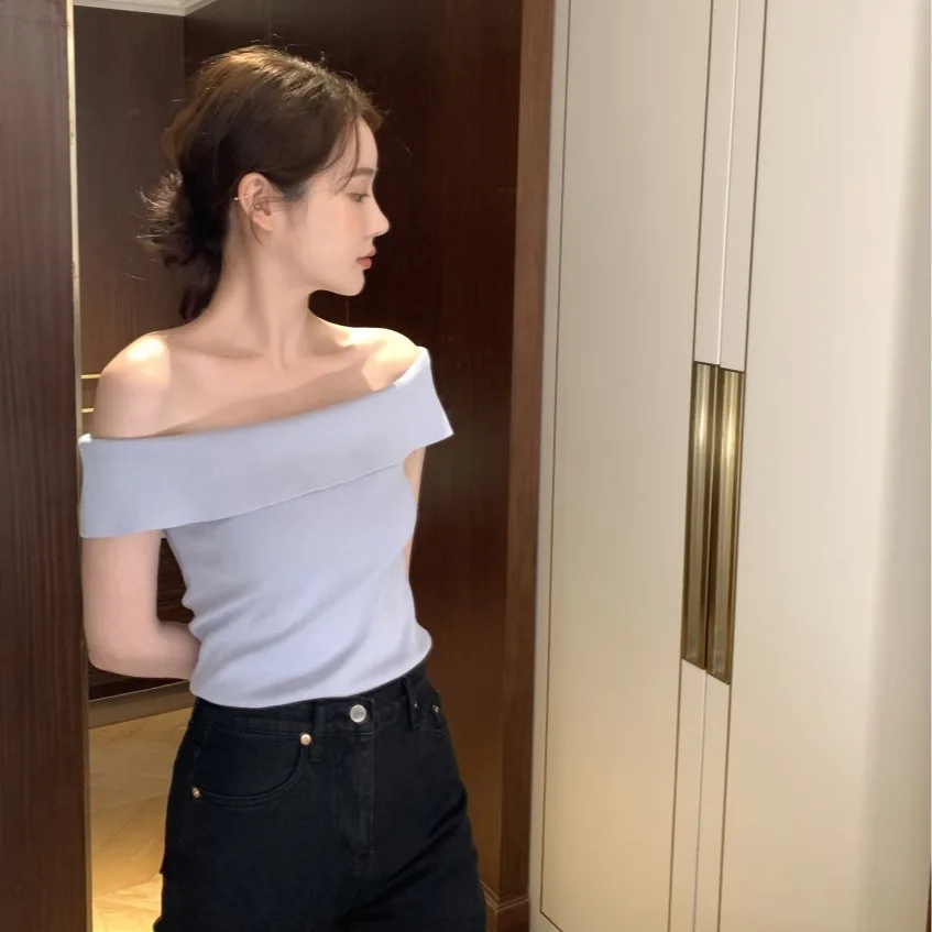 

Chic Summer Sexy One-oulder Knitted Top ort Sve Commute Sle Color Viscose Fiber Ladies Faion Premium Quali